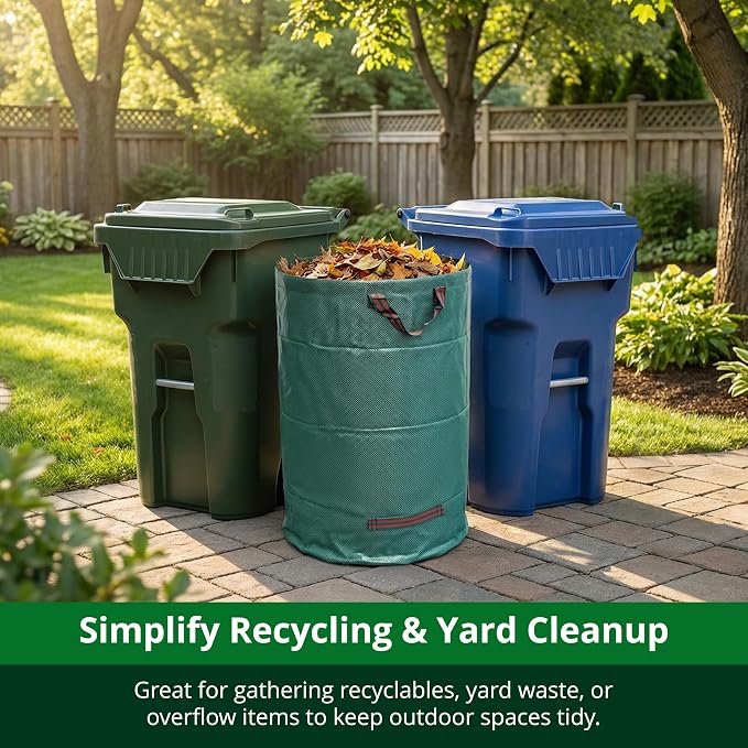 GardenHOME 53 Gallon Reusable Yard Leaf Bags with Gloves, Heavy Duty Garden Waste Bags with Reinforced Handles for Leaves, Grass, and Lawn Trash Collection Pack of 3
