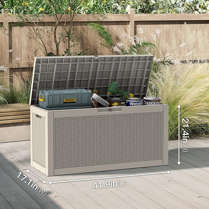 Mars Villa 60 Gallon Deck Box, Waterproof Resin Storage Bin with Lockable Lid, Weatherproof and UV Resistant, for Outdoor Patio Furniture Cushions, Pool Supplies, Garden Tools, Grey