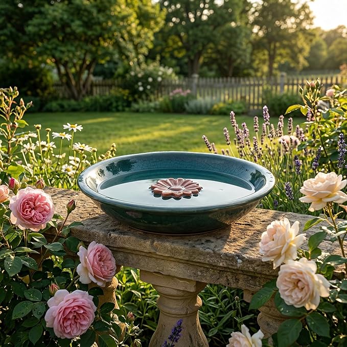Topadorn 12.2'' Ceramic Birdbath & Birdfeeder for Small Birds Outdoors, 2" Depth Bird Bath Bowl for Vintage Garden Patio Yard Lawn Decor, Blue with Red Flower