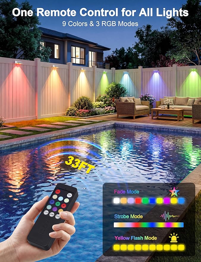 JOFIOS Solar Fence Lights Outdoor with Remote, 9 Fixed Colors ＆ Color Changing Solar Lights Outdoor Waterproof IP65 Dusk-to-Dawn Vinyl Fence Lights for Patio, Railing, Pool, Porch, Backyard, 16 Pack