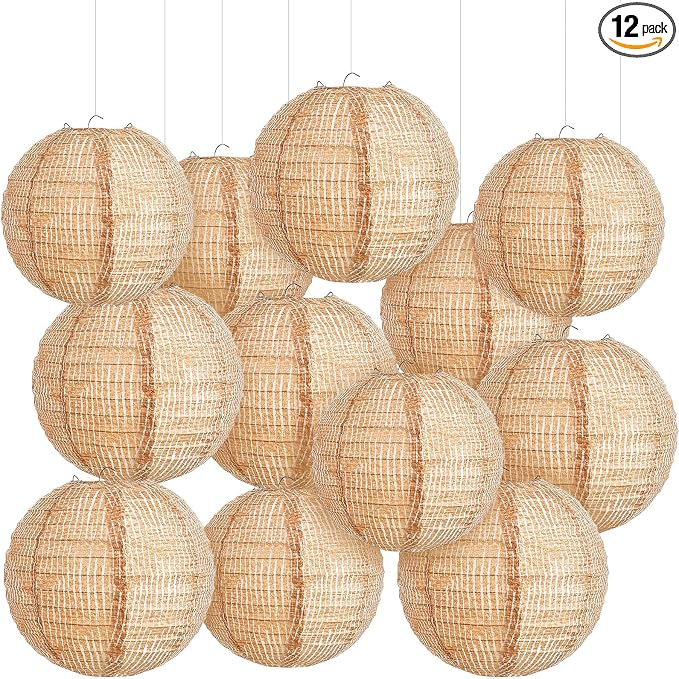 Hortsun 12 Pcs Print Burlap Paper Lanterns Round Chinese Paper Lanterns Farmhouse Boho Classroom Home Decor Classroom Sweet Birthday Party Ceremonial Event (10/12 Inch)