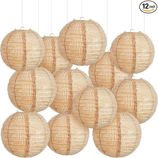Hortsun 12 Pcs Print Burlap Paper Lanterns Round Chinese Paper Lanterns Farmhouse Boho Classroom Home Decor Classroom Sweet Birthday Party Ceremonial Event (10/12 Inch)