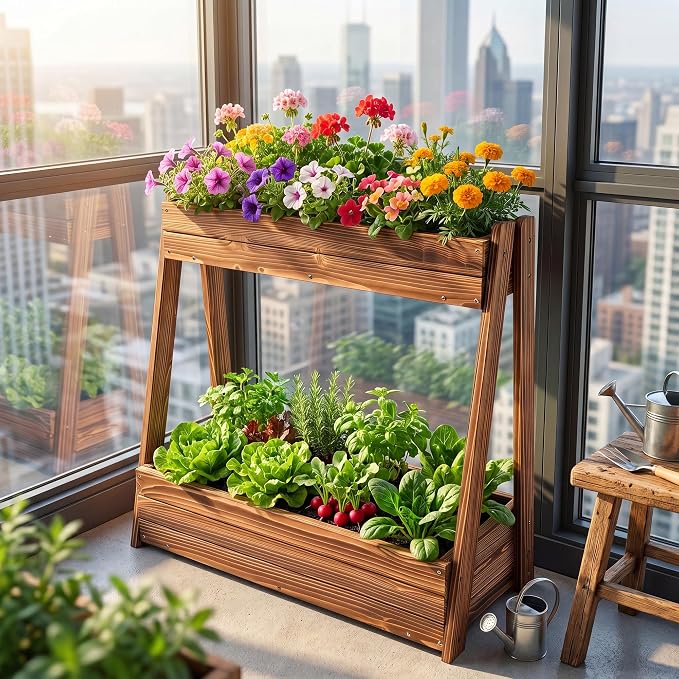 2-Tier Elevated Raised Garden Bed, 36" H Fir Wood Planter Box with 23" Large Growing Space, Drainage Holes & Non-Woven Liner, Outdoor Flower Bed & Herb Garden Planter for Patio Balcony Backyard
