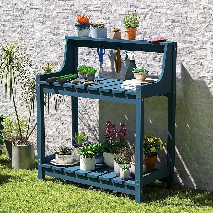 Garden Potting Bench for Outside, HDPE Outdoor Potting Table with Storage Shelves & Tool Hooks, All Weather Planting Workstation for Patio Backyard Garden (Dark Blue)