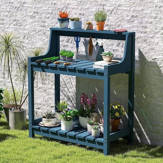 Garden Potting Bench for Outside, HDPE Outdoor Potting Table with Storage Shelves & Tool Hooks, All Weather Planting Workstation for Patio Backyard Garden (Dark Blue)