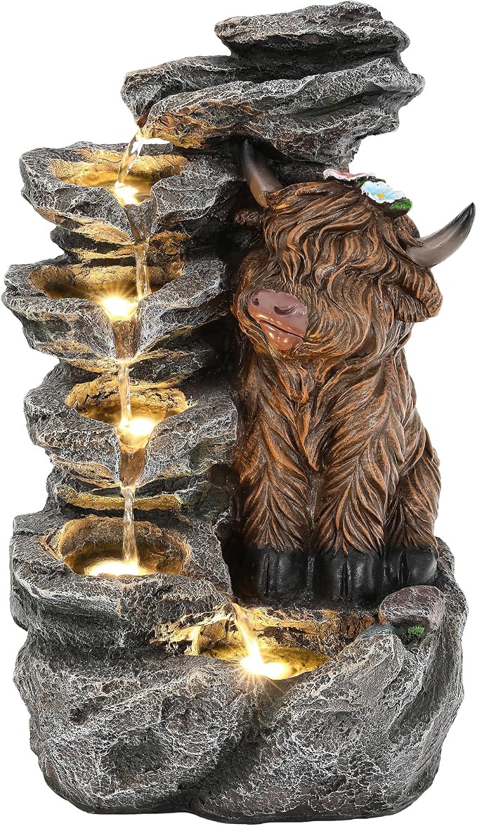 19" Highland Cow Outdoor Fountain, 5-Tier Charming Water Feature with LED Lights, Pastoral Resin Soothing Cascading Waterfall for Patio, Backyard, Garden or Porch