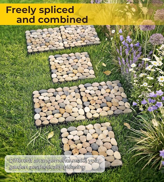 jxgzyy 4 Pcs Interlocking Stepping Stones Outdoor for Garden, 11.8" Square Pavers for Landscaping, Outside Pebble River Stone Mat for Yard Lawn Patio Pathway Walkway (Light Colour)