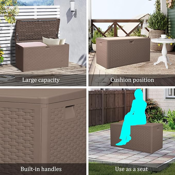 TARKARI 80 Gallon Deck Box,Outdoor Storage Box Lockable,Waterproof for Patio Furniture, Garden Tools, Pool Accessories, Package Delivery Boxes For Outside, Brown