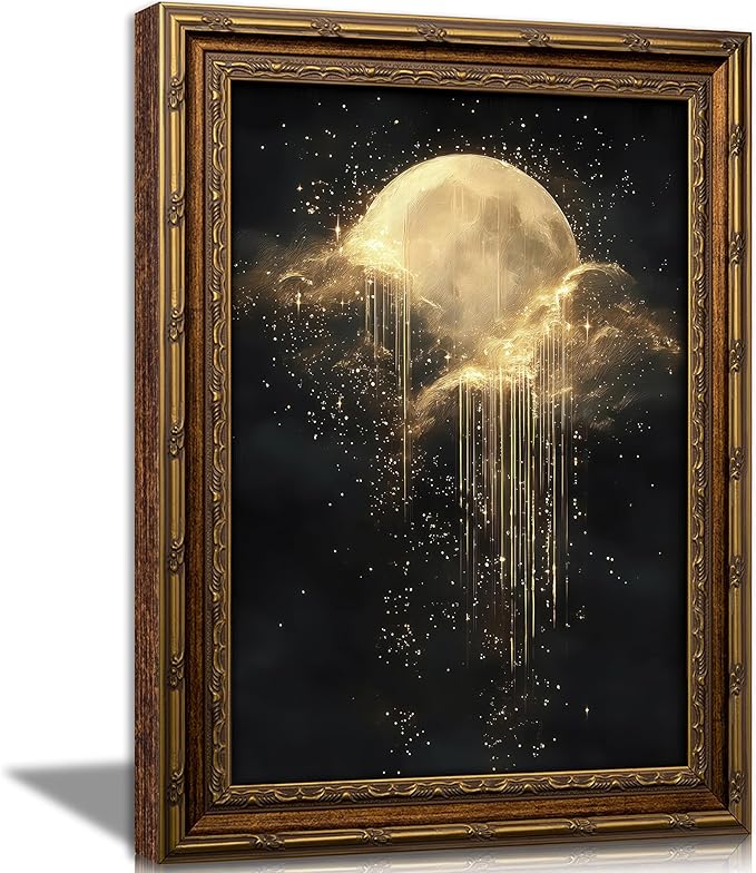 Vintage Gold Framed Golden Moon Celestial Wall Art,Moody Celestial Painting Canvas Print,Glittering Golden Rain & Sparkling Stars Wall Decor,Gothic Night Sky Stars Artwork,for Bedroom Living Room Bathroom
