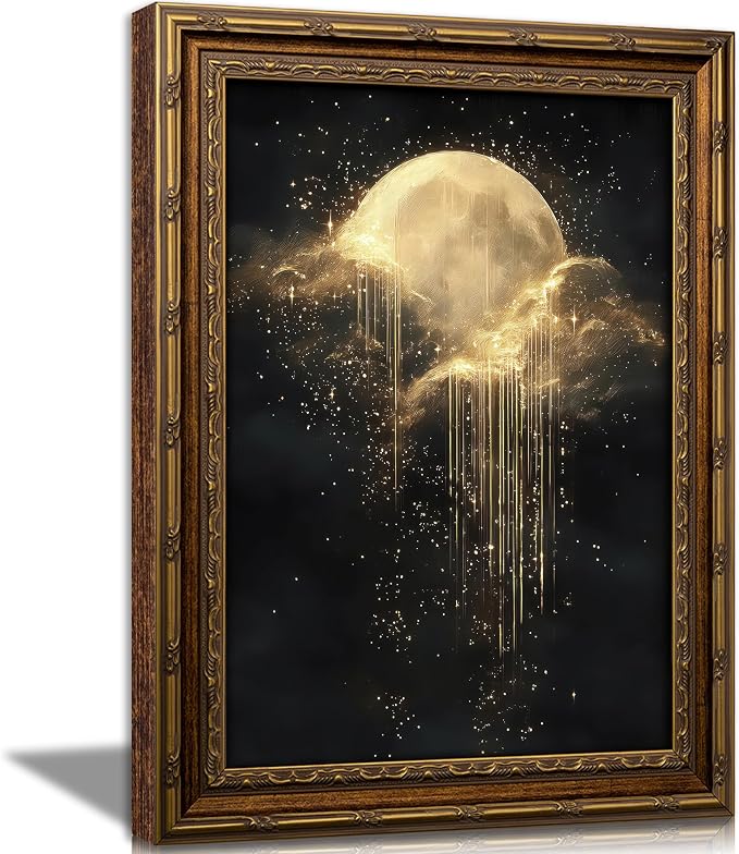 Vintage Gold Framed Golden Moon Celestial Wall Art,Moody Celestial Painting Canvas Print,Glittering Golden Rain & Sparkling Stars Wall Decor,Gothic Night Sky Stars Artwork,for Bedroom Living Room Bathroom