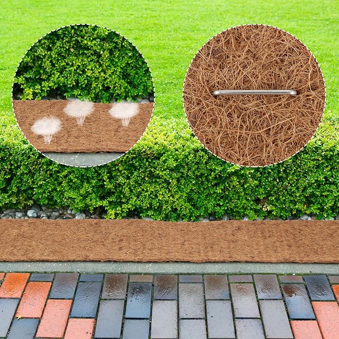 Timgle 2 Pcs 120" x 6.3" Natural Coconut Fiber Liner Mulch Roll, Coir Liner Garden Weed Barrier Mat with 30 U-Shaped Steel Stakes for Landscaping, Garden Edging Border, Planters, Vegetables & Flowers