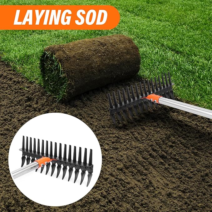 Lmaytech Garden Thatch Rake for Lawn, Heavy Duty Metal Thatching rake with Strong Handle, Wide 15inch Iron Dethatcher Rakes for Yard Leaf & Weed Clean, Soil Loose, Grass Groom