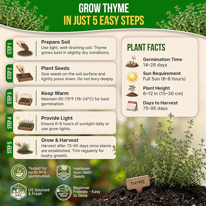 Thyme Seeds Pack 0.5 G - Over 1,350 Non-GMO Heirloom Thyme Seeds for Planting Herbs in Individual Seed Packet, Herbs Seeds for Planting Home Garden Indoor & Outdoor Gardening