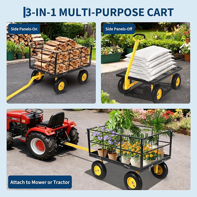 Garvee 1500 LB Garden Dump Cart with 13 in All Terrain Tires, 3-in-1 Yard Wagon Cart with Removable Side Panels, Heavy Duty Outdoor Metal Utility Wagon Yard Trailer for Outdoor Lawn, Yard, Backyard