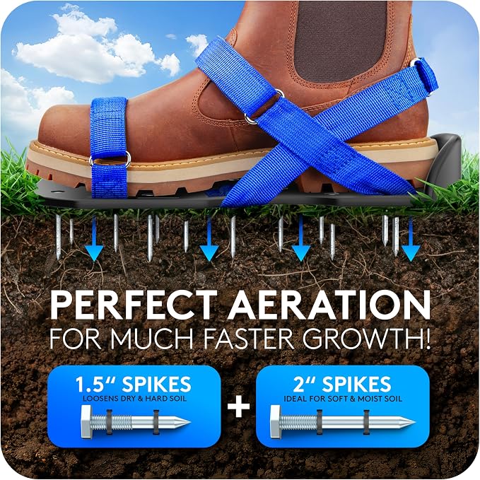 Briliantwerk Lawn Aerator with Adjustable Straps - for Lawn Aeration or as Screed Shoes - Lawn Aerator Shoes as Perfect Aerator Lawn Tool - incl. Two Nail Lengths - Lawn dethatcher - epoxy Shoes