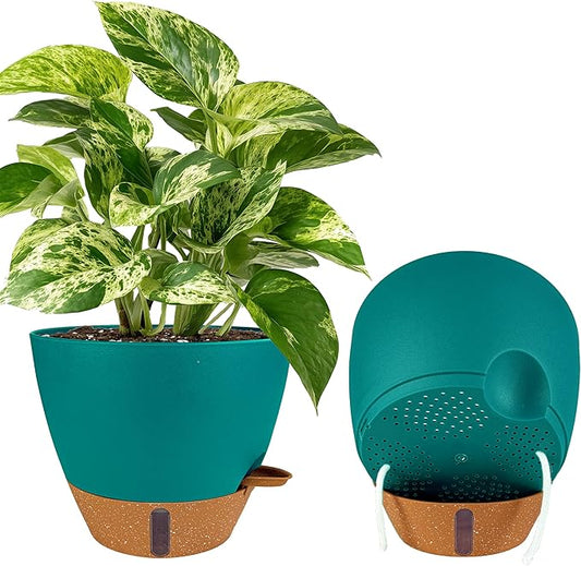 2 Pack 10 inch Plant Pots, Plastic Self Watering Planters with Drainage Holes, Deep Reservoir, Water Level Indicator, Modern Decorative Flower Pots for Indoor Outdoor Plants (Turquoise)