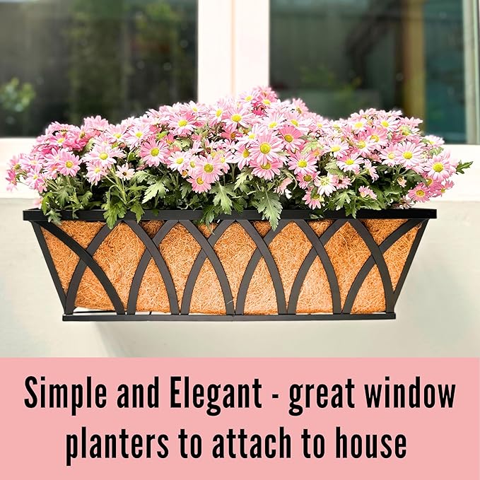 LaLaGreen Wall Planter (2 Pack, 24 Inch) Large Wall Hanging Planter Coco Liner Metal Iron Window Flower Boxes Outdoor Basket Box Attach House Outside Fence Rail Railing Plant Holder Deck Porch Balcony