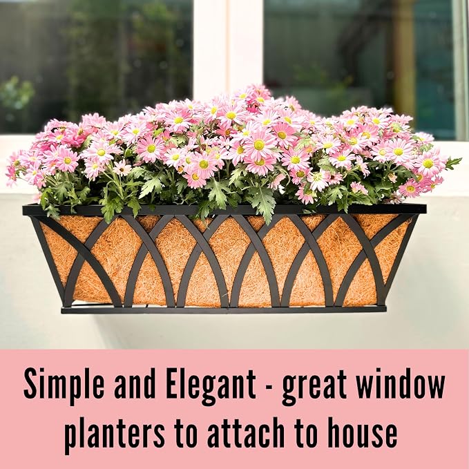 LaLaGreen Wall Planters (4 Pack, 36 Inch) Black Metal Rectangular Hanging Flower Box Window Boxes Planters with Coco Liner Rustic Flower Basket Plant Holder Deck Rail Railing Patio Large Balcony Fence