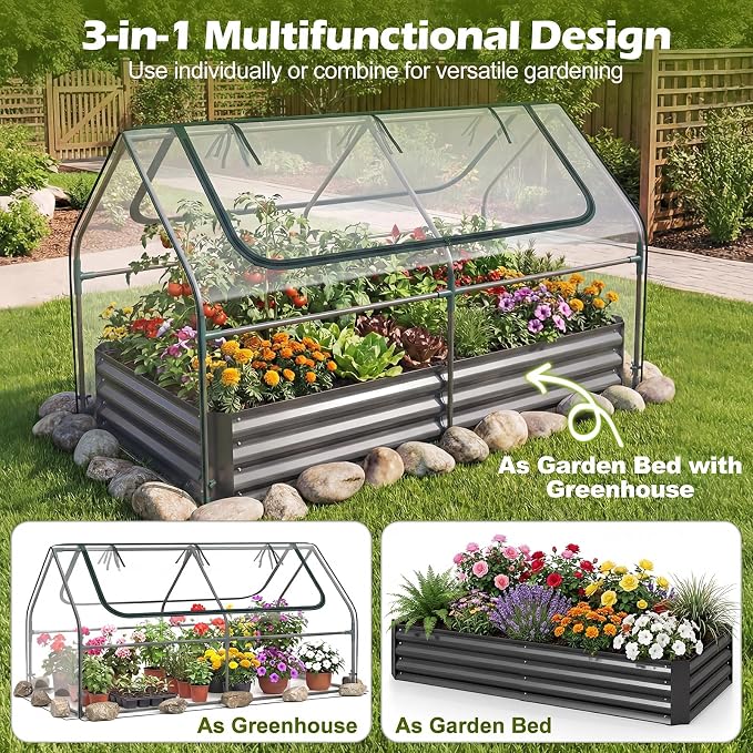 Giantex 3-in-1 Metal Raised Garden Bed with Greenhouse Cover, 6x3x3 FT Metal Elevated Outdoor Planter Box with Roll-Up Windows, Open Base Grow Box for Vegetables, Flowers and Herbs, Black