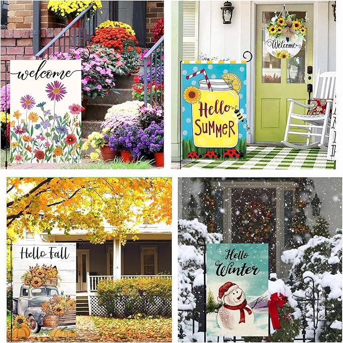 Seasonal Garden Flags Set of 12 Double Sided 12x18 Inch, Small Yard Flags for Outside, Spring Summer Fall Winter & Holiday Outdoor Decor, 4th of July Halloween Christmas Decorations for All Seasons