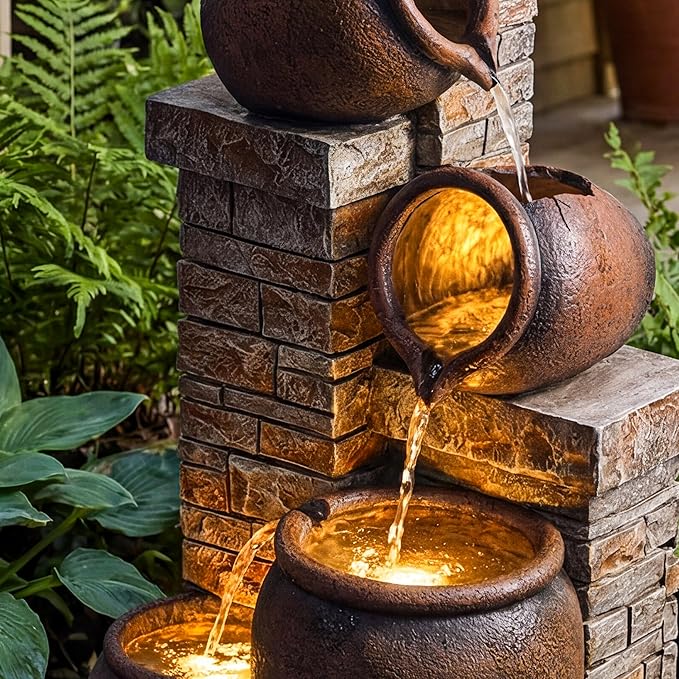 44-Inch Outdoor Water Fountain, 5-Tier Floor Standing Cascading Jars and Stacked Stones Resin Waterfall Fountain with 4 LED Lights, Home Decor for Garden, Patio, Yard, Farmhouse or Deck in Brown
