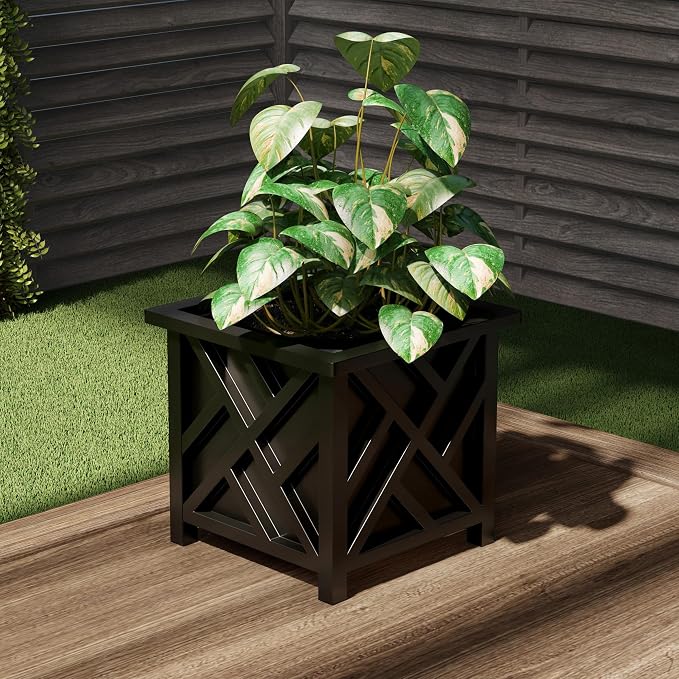 Lattice Design Outdoor Planter Box - 14.75” Square 13” Tall Black Plant Pot - Decorative Plant Pots for Front Porch Decor - Flower Pots Outdoor Planters for Porch Patio or Garden Decor by Pure Garden
