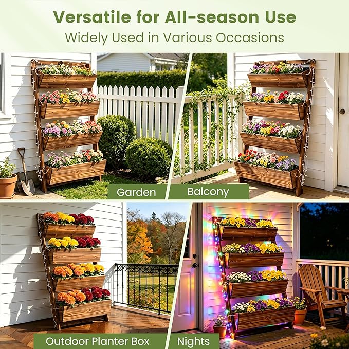 2026 Upgraded 4-Tier Wooden Vertical Raised Garden Bed with 11-Mode LED Lights and 3 Timer Settings, 51" H Wall-Leaning Tiered Planter Box with Tilt-Out Boxes, Liner & Drainage Holes for Patio