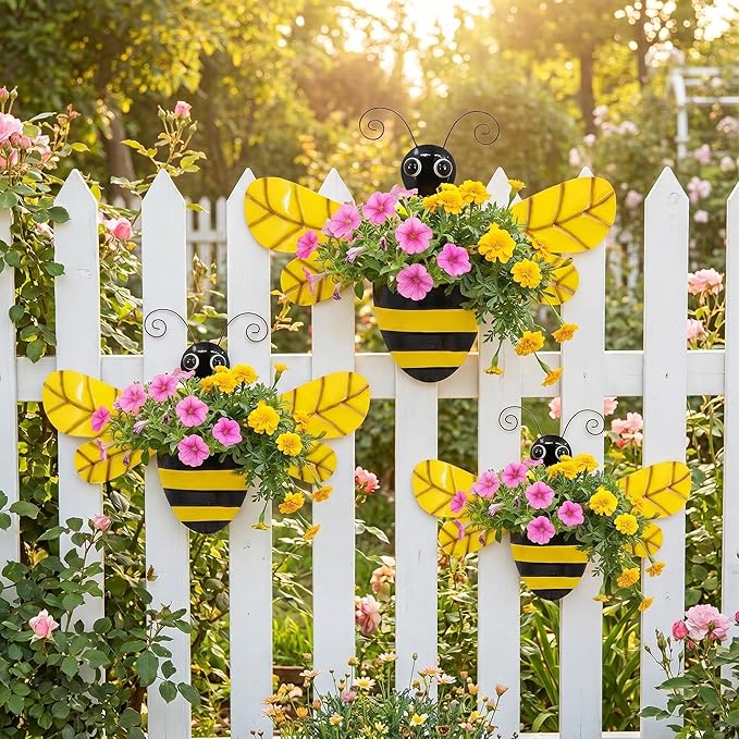 3 Pcs 20 Inch Metal Bee Wall Pocket Planter, Rustic Decorative Wall Hanging Planter for Indoor & Outdoor, Flower Plant Pot for Garden Yard Patio Balcony & Fence, Black & Yellow, Set of 3