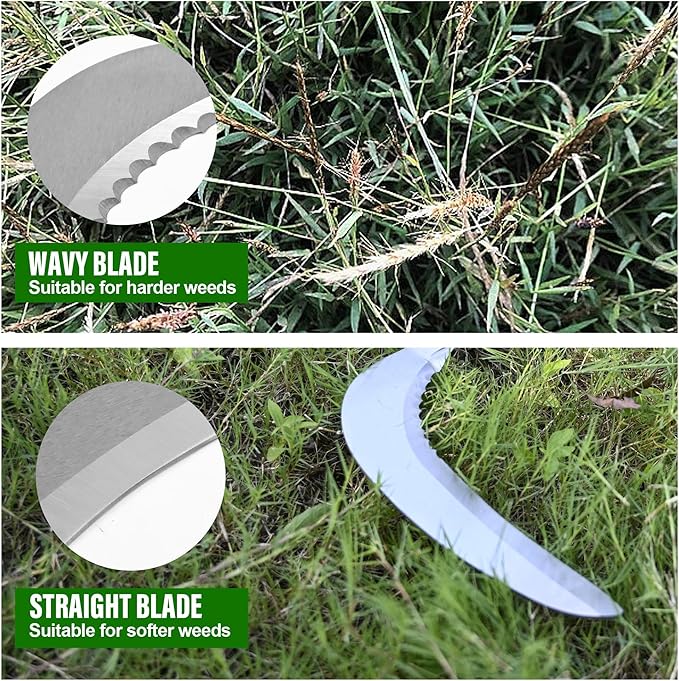 YEELOR Weeding Sickle, Serrated & Plain-Edged Combined Steel Scythe 51-Inch Adjustable Long Handle, Lightweight Long-Handled Garden Sickle Tool for Gardens, Yards, Fields & Overgrown Areas