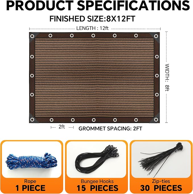 90% Sun Shade Cloth with Grommets, 8' x 12' Pergola Shade Cover Canopy, Breathable HDPE Mesh Tarp for Patio, Garden, Backyard, Porch and Outdoor Privacy, Mocha