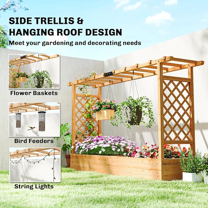 Outsunny Raised Garden Bed with Trellis, Wooden Planter Box with Drainage Holes and Hanging Roof, Outdoor Flowers Box for Herbs, Vegetables, Climbing Plants, 78.7" x 17.3" x 44.7"