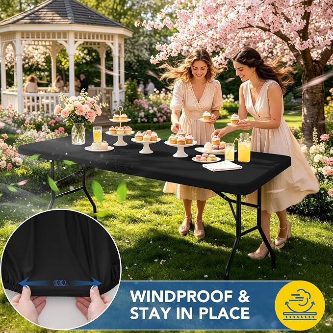 Fitted Tablecloth for 6 Foot Rectangle Tables-2 Pack Black Elastic Outdoor Picnic Table Cover-Spandex Stretch Folding Table Cloths 6 ft for Camping Dining Room Patio Kitchen Banquet Party