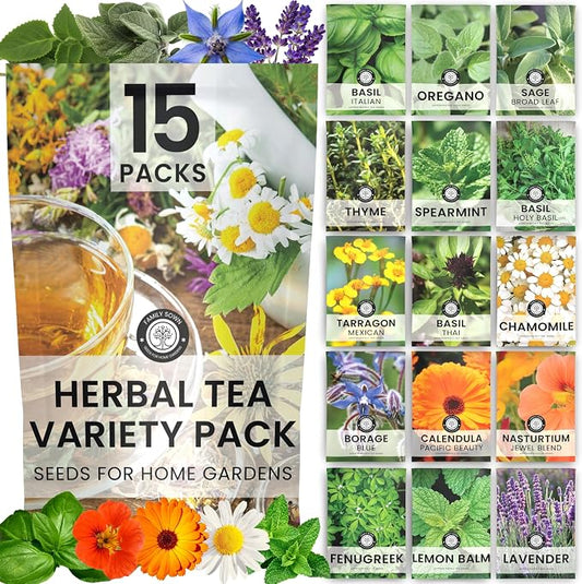 Herbal Tea Garden Seeds | 15 Individual Packs | 2026 Season | Non-GMO | Chamomile, Mint, Lavender, Holy Basil & More! | Grow Your Own Fresh Tea Herbs | by Family Sown