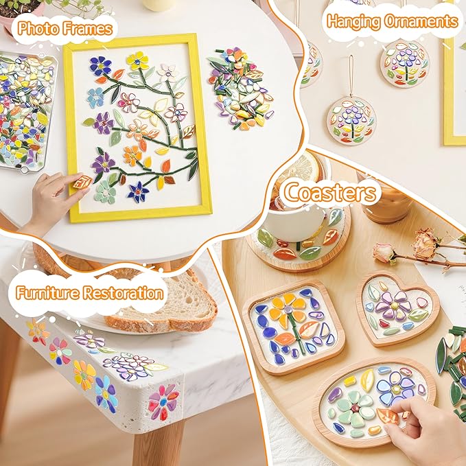 LOTOFUN Mosaic Tiles for Stepping Stones: Ceramic Iridescent 610g Mosaic Tiles for Crafts Bulk with Petals Centers Leaves Stem Decorative Flower Mosaic Supplies for DIY Garden Decor Mother’s Gift