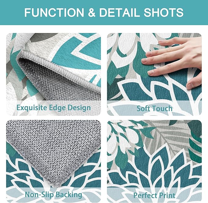 Colorful 4x6 Outdoor Area Rug Washable Rugs Multicolored Patio Rug Tropical Botanical Floral Chenille Outdoor Carpet Non Slip for RV, Pool Deck, Backyard, Porch, Teal
