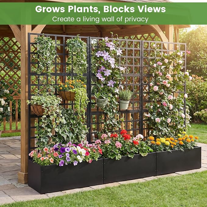 Giantex Metal Raised Garden Bed with Trellis, 71"x36"x16" Galvanized Planter Box w/Drainage Holes for Climbing Plants Vegetables Flowers, Outdoor Privacy Screen for Patio Backyard Balcony