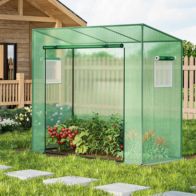 Giantex Walk-in Greenhouse, 4 Ground Stakes & Ropes, Outdoor Portable Mini Greenhouse w/ PE Cover, Heavy-Duty Metal Frame, Roll-up Zipper Door, Double-Layer Screen Windows, 6.6 x 2.5 x 5.6 FT