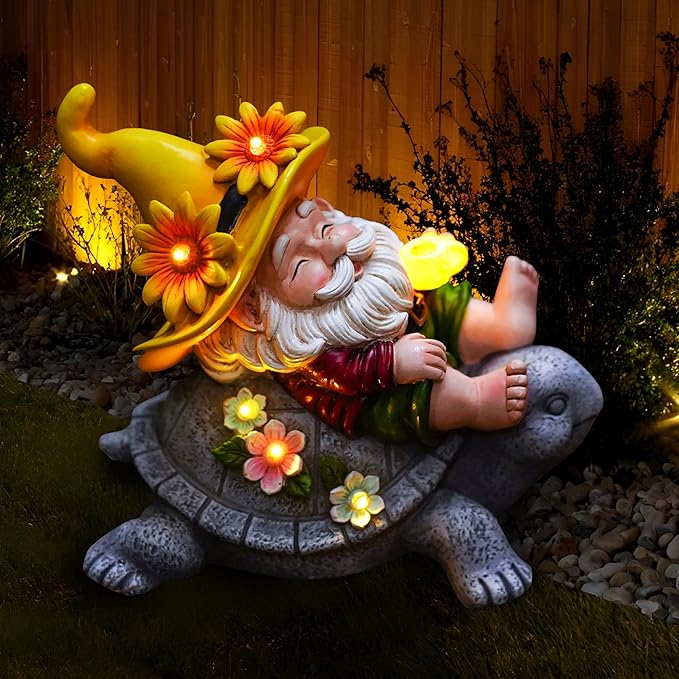 Garden Gnomes Outdoor Decor - Funny Sunflower Gnome Sitting on Turtle with Solar Lights, Gnomes Decoration for Lawn Yard Patio, Garden Gifts for Women, Mothers Day, Housewarming