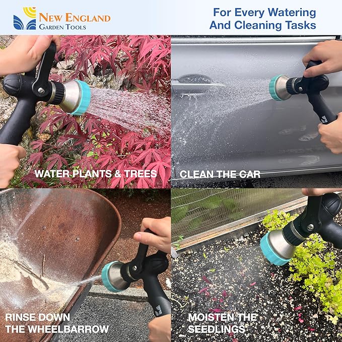 Heavy Duty Metal 10-Pattern Fireman’s Hose Nozzle 500003 with Lever Control and Comfort Grip, High Pressure Hose Sprayer, by New England Garden Tools for Watering Plants & Yards, Washing Pets & Cars