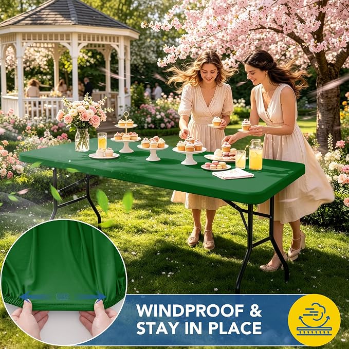 Fitted Tablecloth for 6 Foot Rectangle Tables-4 Pack Green Elastic Outdoor Picnic Table Cover-Spandex Stretch Christmas Table Cloths 6 ft for Camping Dining Room Patio Kitchen Banquet Party
