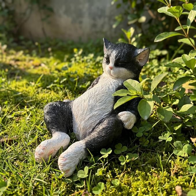 Cat Statue Outdoor Cat Figurines Garden Decor, Black & White Cat Statue Figurine Decor Sculpture for Patio, Yard, Resting Tuxedo Cat Statues for Indoor Table Accessory, Gift for Mom & Cat Lovers