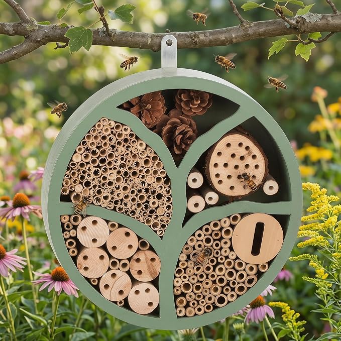 Topadorn Tree of Life Wooden Insect Hotel, 11.5" Multi-Habitat Bee House for Pollinators, Outdoor Garden Decor
