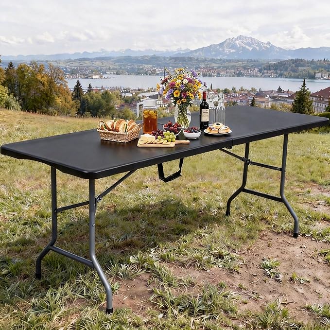 DWVO 6FT Folding Table, Heavy Duty Folding Tables with Carrying Handle, HDPE Fold up Table for Outdoor Camping Picnic Parties, Indoor Events, Black