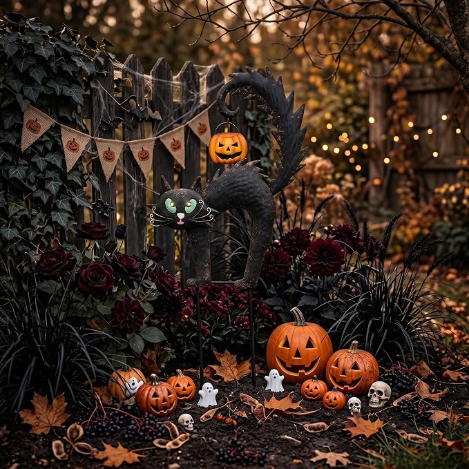 TERESA'S COLLECTIONS Halloween Garden Stake,Metal Black Cat with Jack-o'-Lantern Solar Light Decor,Spooky Yard Art Sign for Lawn Patio Porch,25"