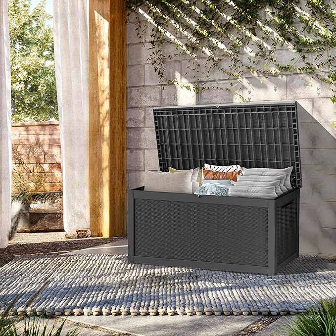TARKARI 320 Gallon Outdoor Storage Box Waterproof, Resin Deck Boxes with Lockable Lid & UV-Resistant for Patio, Pool, Garden Furniture Cushions & Accessories, Black