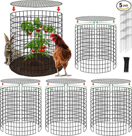 Hi Sasara 5 Sets Wire Plant Protectors Cage with Staples,11.8" Dia x 11.8" H,Plant Protector with Round Lids to Keep Animals Out,Wire Plant Protector Cage for Plants Vegetables Flower