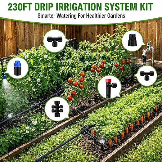 Drip Irrigation System Kit 36FT, Garden Watering System Drip Irrigation Kit with Quick-Connect 1/2'' & 1/4'' Tubing, Adjustable Drippers & Sprayers, Irrigation System for Garden, Lawn, Greenhouse