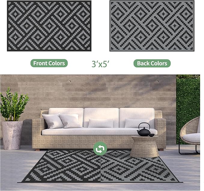 GENIMO Outdoor Rugs 3'x5' Waterproof, Reversible Mats, Outdoor Area Rug, Plastic Outside Carpet, Eeometric Rv Mat for Patio Camping Rv Picnic Backyard Deck Balcony Porch Beach Trailer (Black & Grey)
