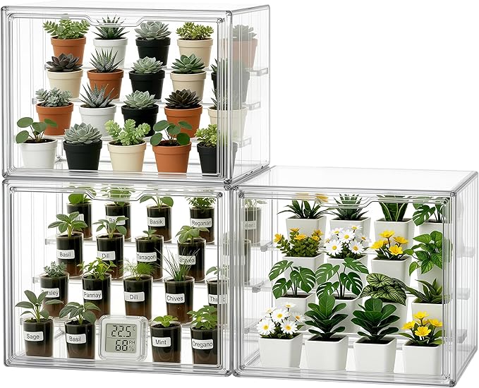 HBlife Mini Greenhouse for Indoor, Clear Stackable Green House with Magnetic Door & Adjustable Drainage Dividers, Tabletop Portable Greenhouse for Small Plants Nursery Germination and Display, 3 Pack