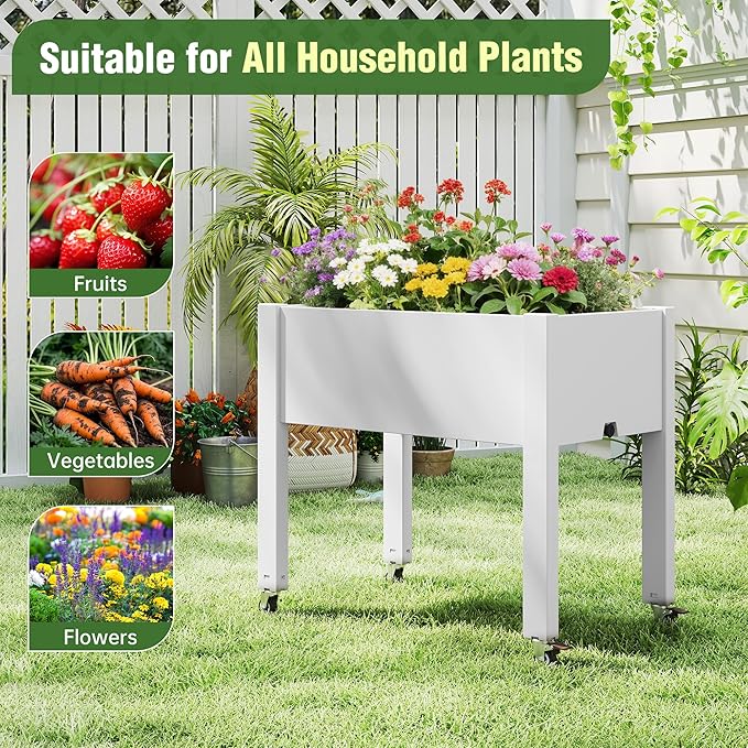 Elevated Raised Garden Bed with Wheels - Outdoor Mobile Resin Planter Box with Drainage Holes for Vegetables Flower Herbs, Weather Resistant, Ashen (26.3" h)